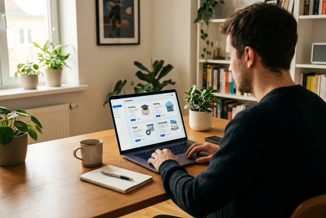 A young man sitting at his tidy home-office desk with a laptop showing Wealthy Affiliate's new platform displaying the training, hosting, tools and community.