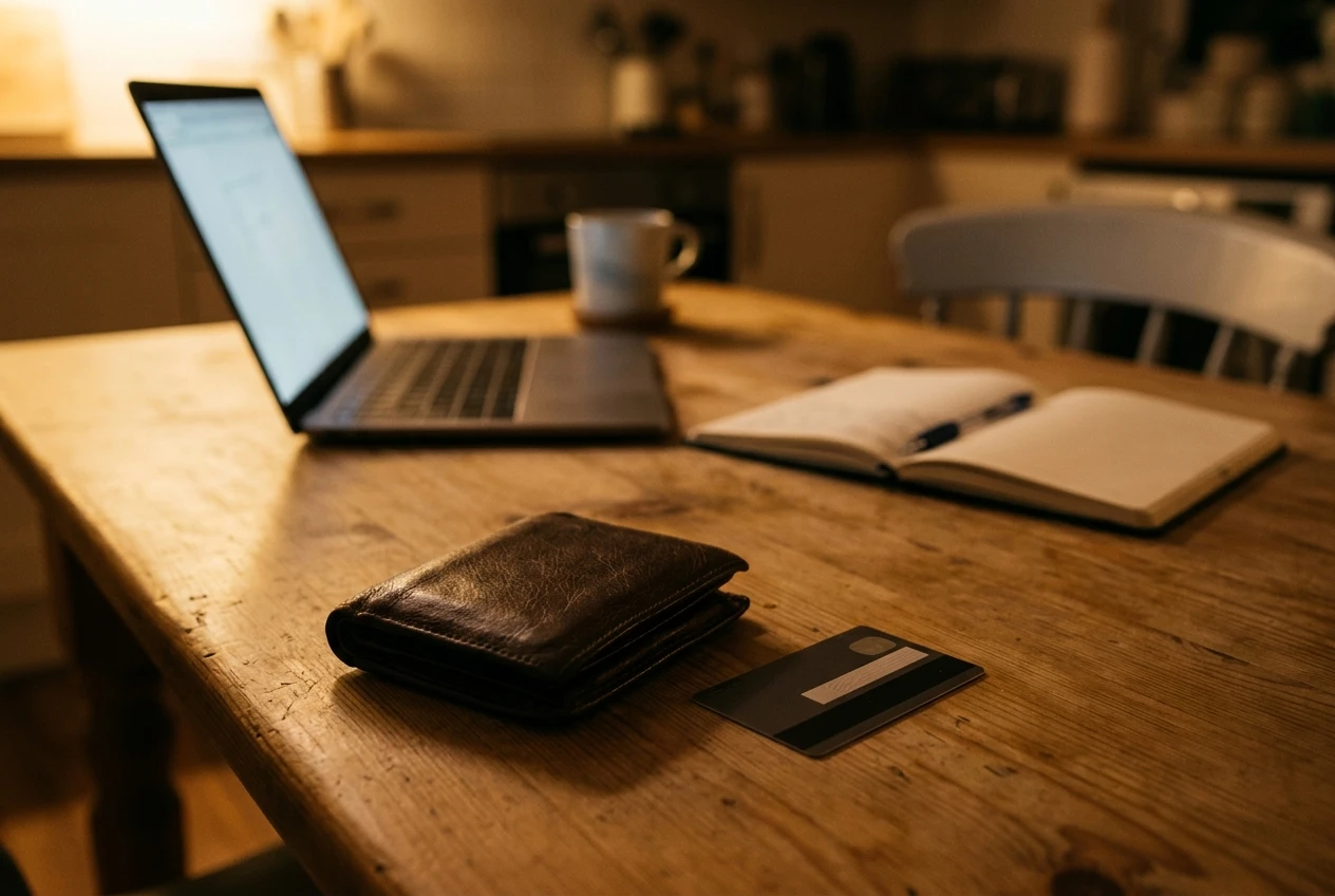 A closed leather wallet with a credit card lying face-down beside it, set aside from an open laptop and a notebook with a pen. The setting is a quiet kitchen table in evening lamplight, with warm amber tones that suggest a pause before any payment.