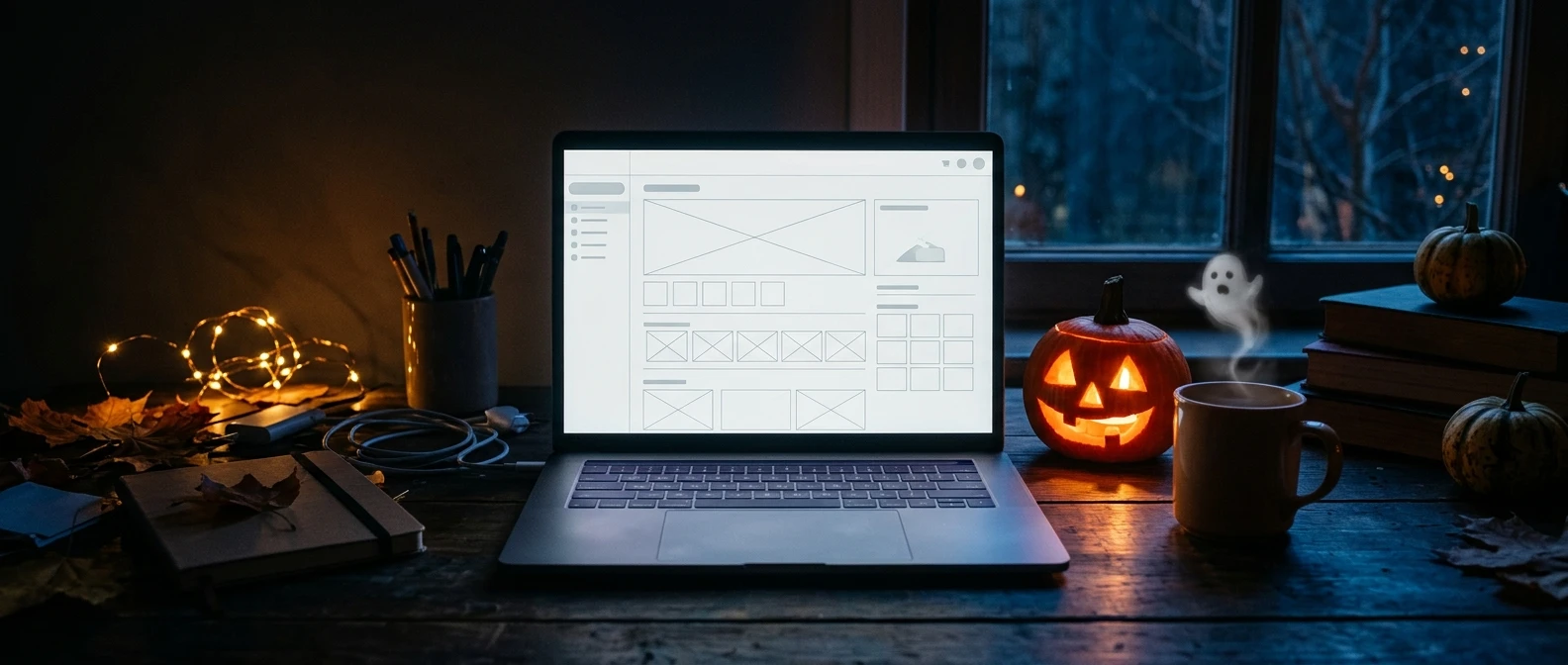 A laptop on a dim desk showing a completely empty website dashboard, glowing in the dark of a late October evening, a carved pumpkin with a small candle beside it and a faint, friendly ghost-shaped wisp of steam rising from a mug. Warm orange light against deep blue shadows.