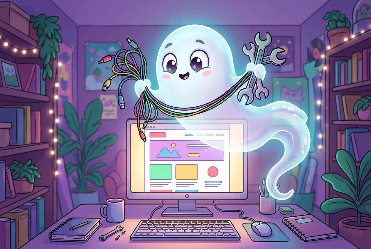 A cheerful, translucent white cartoon-style ghost floating over a desk, holding a tangled bundle of cables and a confusing wrench, while a single simple finished web page glows on the monitor below it. Soft purple and teal light, playful and mild.