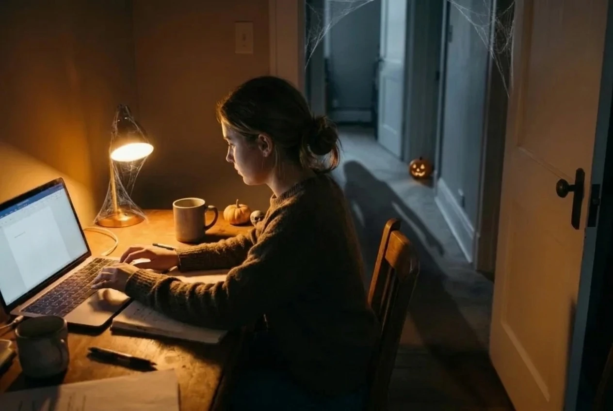 A long, soft shadow cast across a hallway floor from an open doorway, with a small desk lamp lit in the foreground illuminating a handwritten notebook and a single page on a laptop, the shadow shrinking back toward the door. Warm yellow lamp light against cool grey dusk.