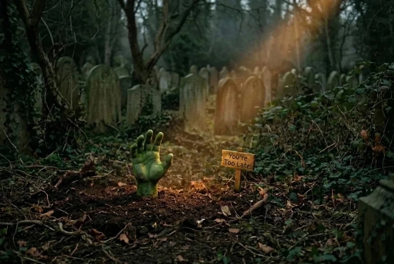 A friendly green storybook zombie hand pushing up through soil in a small graveyard, with a single narrow beam of lantern light picking out one tiny signpost among rows of crowded, identical tombstones. Dusky green and amber tones.