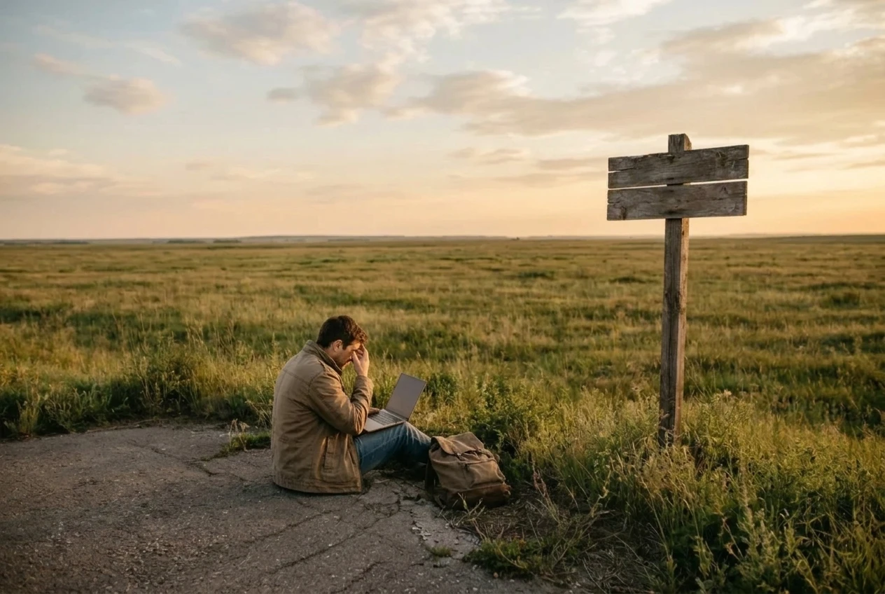A lone traveler standing at the end of a short paved path that stops abruptly at an empty grassy field, holding a single book, with a blank wooden signpost beside them. Soft golden late-afternoon light, wide open sky, conveying being stranded after finishing a course.