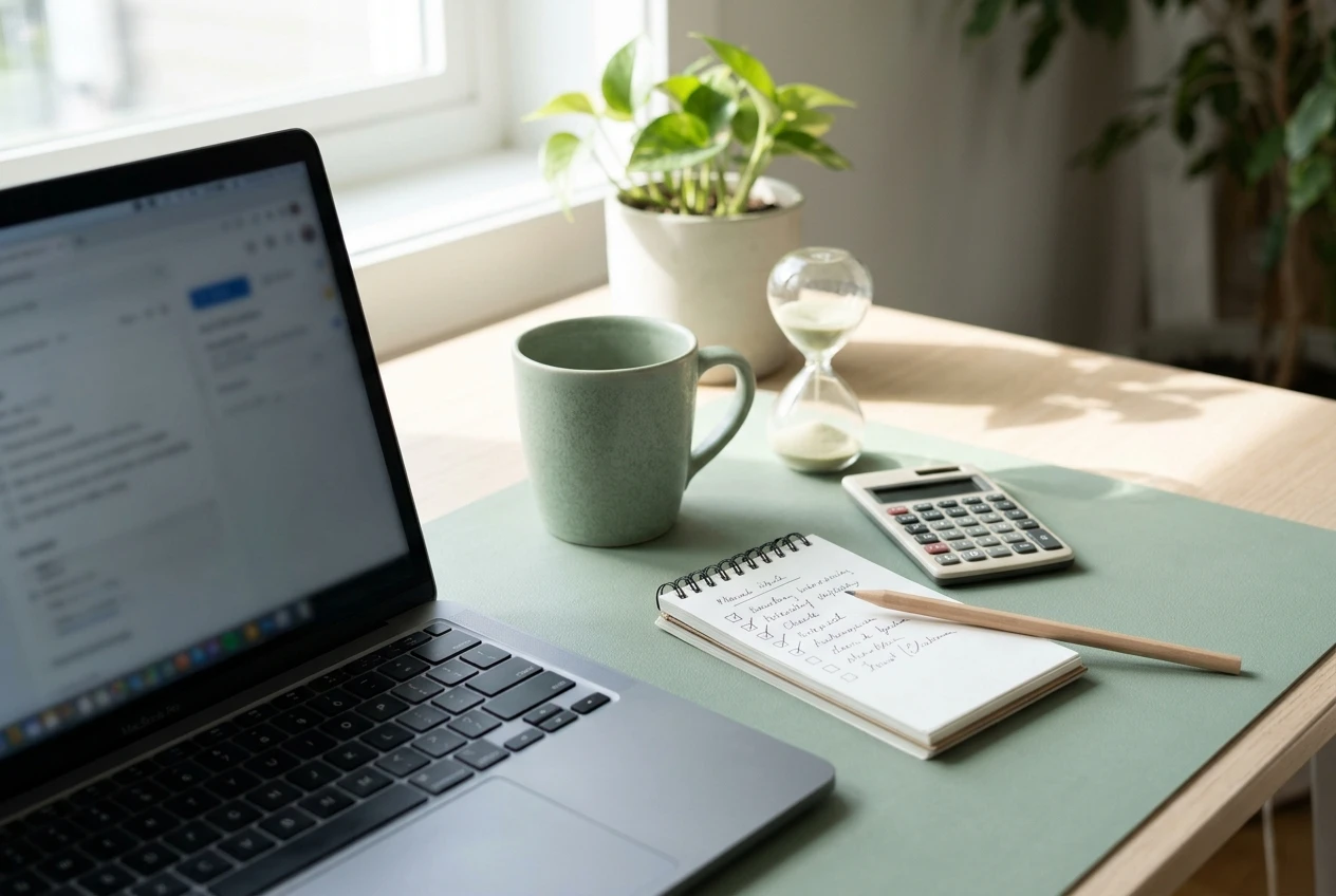 A tidy desk with a handwritten checklist on a notepad, a pencil, a small calculator, an hourglass and a coffee mug, arranged beside an open laptop in bright morning window light. Cool white and soft green tones suggest careful, low-risk testing.